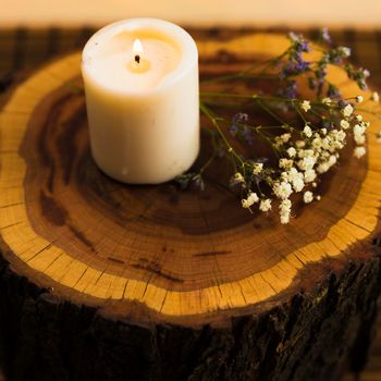 aroma candles with flowers tree stump