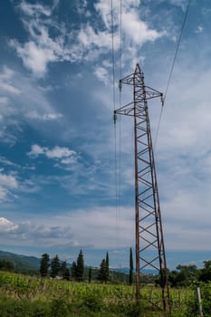 Power line pole, Electrical Pylon, wires, blue sky, clouds