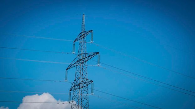 Power line pole, Electrical Pylon, wires, blue sky, clouds