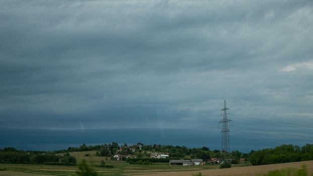 Power line pole, Electrical Pylon, wires, blue sky, clouds