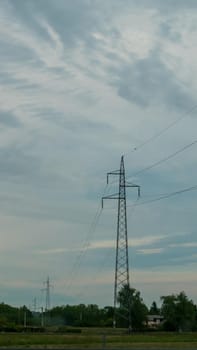 Power line pole, Electrical Pylon, wires, blue sky, clouds