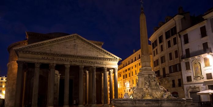 ROME, ITALY - CIRCA AUGUST 2020: illuminated Pantheon by night. One of the most famous historic landmark in Italy.
