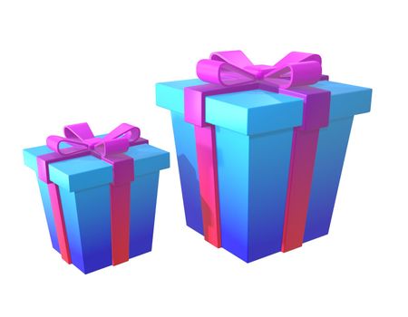 3d illustration of surprise set of gift boxes with gradient. With a pink bow on a white background. Blue and pink gift box. Render.