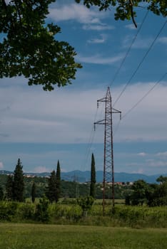 Power line pole, Electrical Pylon, wires, blue sky, clouds