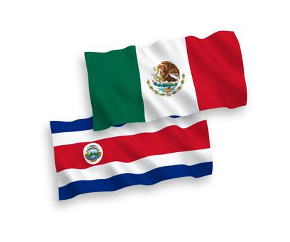 National fabric wave flags of Mexico and Republic of Costa Rica isolated on white background. 1 to 2 proportion.