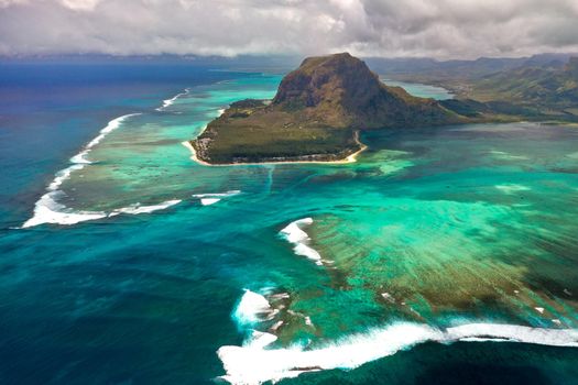 View from the height of the island of Mauritius in the Indian Ocean and the beach of Le Morne-Brabant.