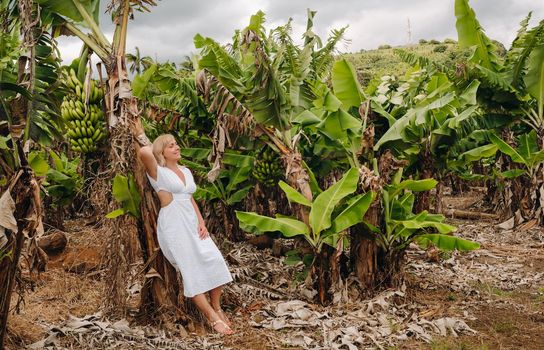 A girl on a banana plantation on the island of Mauritius, a Banana farm on a tropical island, a Girl in a white dress on a plantation in Africa.