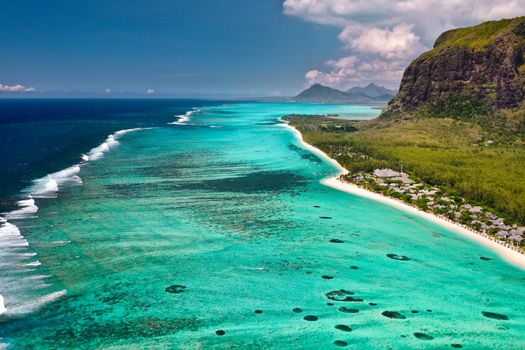 View from the height of the island of Mauritius in the Indian Ocean and the beach of Le Morne-Brabant.