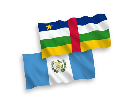 National fabric wave flags of Central African Republic and Republic of Guatemala isolated on white background. 1 to 2 proportion.