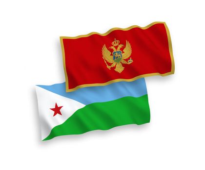 National fabric wave flags of Montenegro and Republic of Djibouti isolated on white background. 1 to 2 proportion.