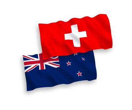 National fabric wave flags of New Zealand and Switzerland isolated on white background. 1 to 2 proportion.