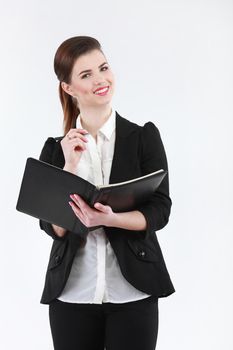 Portrait of smiling business woman, isolated on white background