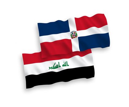 National fabric wave flags of Dominican Republic and Iraq isolated on white background. 1 to 2 proportion.
