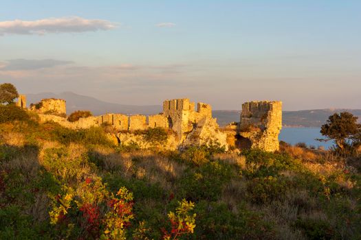 View of Palaiokastro castle of ancient Pylos. Greece. Palaiokastro was built in the 13th century A.D. by the Franks.