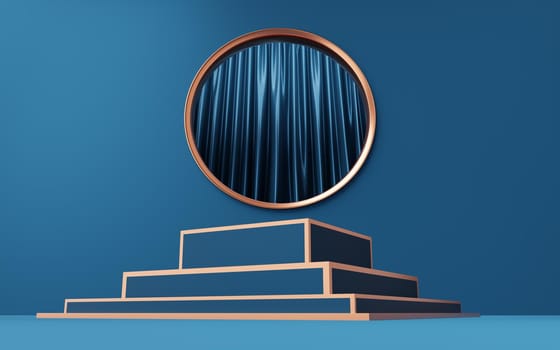 Empty blue cube podium with gold border on copper circle arch and curtain background. Abstract minimal studio 3d geometric shape object. Pedestal mockup space for display. 3d rendering.