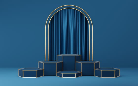 6 Empty blue cylinder podium with gold border on blue arch and curtain background. Abstract minimal studio 3d geometric shape object. Mockup space for display of product design. 3d rendering.