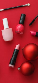 Cosmetic branding, fashion blog cover and girly glamour concept - Make-up and cosmetics product set for beauty brand Christmas sale promotion, luxury red flatlay background as holiday design