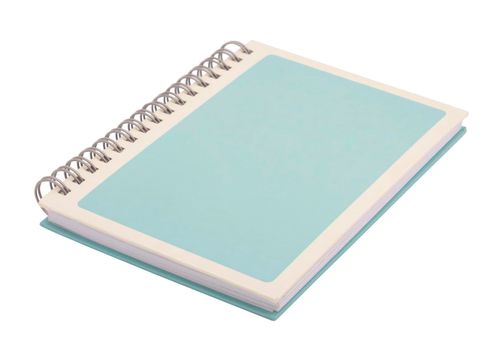 Light blue spiral notebook with white frame on cover page isolated on white background