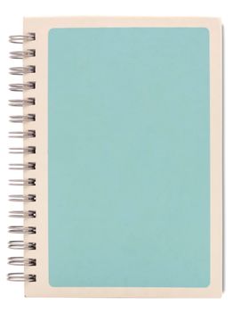 Light blue spiral notebook with white frame on cover page isolated on white background