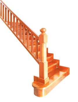 Wooden stairs and handrail isolated on white background