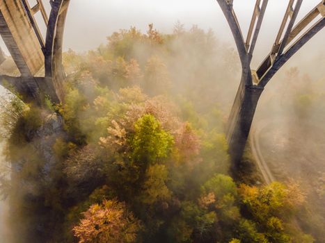 Montenegro. Dzhurdzhevich Bridge Over The River Tara foggy morning.