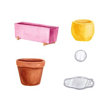 Flower pot on a white background. Watercolor illustration. Pink rectangular pot on a wooden stand. A garden item. The decorative pot is ideal for printing, posters, postcard and scrapbooking design