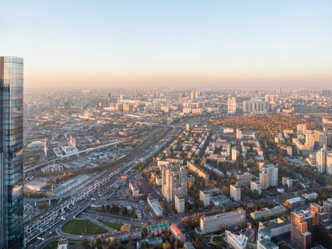 MOSCOW, RUSSIA - October 07, 2021. Panorama view of Khoroshyovsky District from Moscow-city business center at sunset.