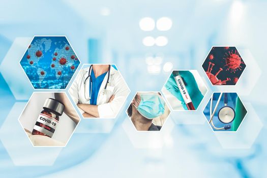 Coronavirus COVID-19 photo set banner in concept of medical treatment including medicine, vaccine and doctor service to prevent, treat and cure covid-19 or 2019 Coronavirus Disease.