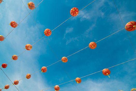Chinses lanterns. - Vintage tone image of chinese lanterns under blue sky background.