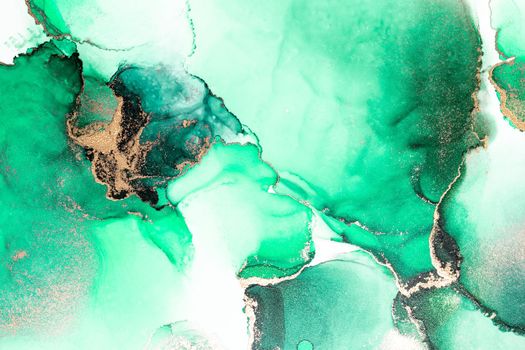 Green gold abstract background of marble liquid ink art painting on paper . Image of original artwork watercolor alcohol ink paint on high quality paper texture .