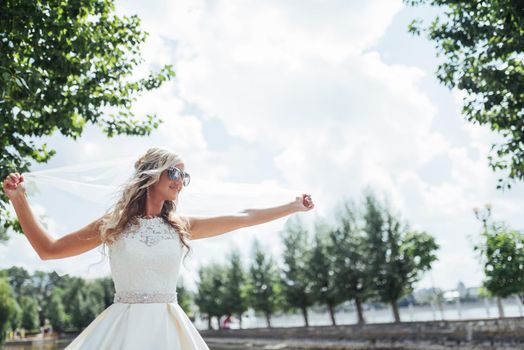 Portrait of a happy bride posing with veil.
