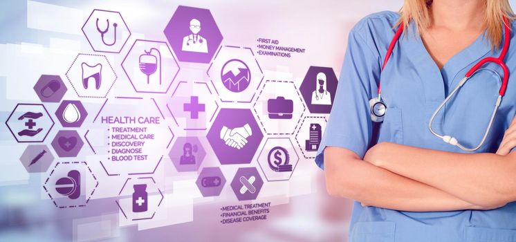 Medical Healthcare Concept - Doctor in hospital with digital medical icons graphic banner showing symbol of medicine, medical care people, emergency service network, doctor data of patient health.