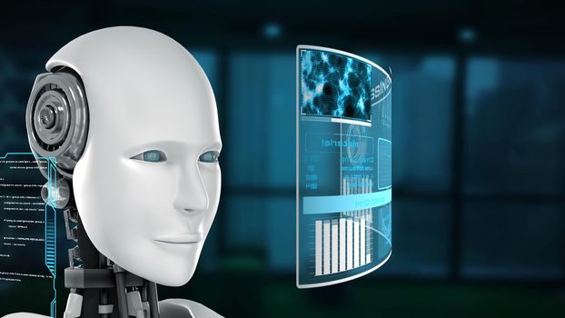 Futuristic robot, artificial intelligence CGI big data analytics and programming . Robotic man 3D render animation . 3D illustration .