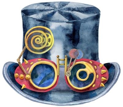 Watercolor hat top hat with steampunk googles. Vintage mens dress. For clothing design