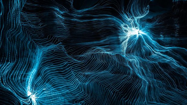 Abstract wave of digital weave lines connecting network dots and dark background . Modern 3D mesh pattern design geometric showing futuristic computer science technology concepts .