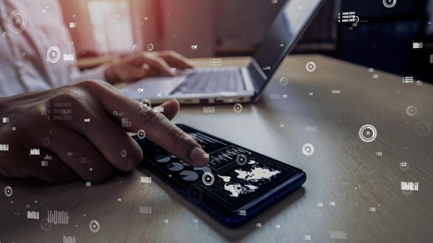 Conceptual business dashboard for financial data analysis . 3D render computer graphic .