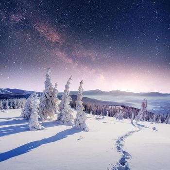 starry sky in winter snowy night. fantastic milky way in the New Year's Eve. Winter road in the mountains