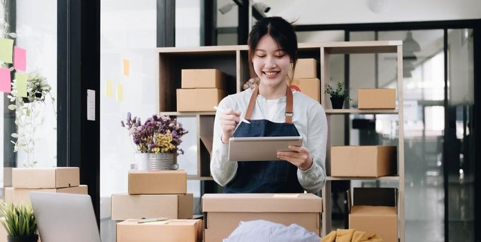 Small start-up business owners using computers at work, freelancers, saleswoman, checking production orders. Pack products for delivery to customers sell ecommerce delivery ideas.