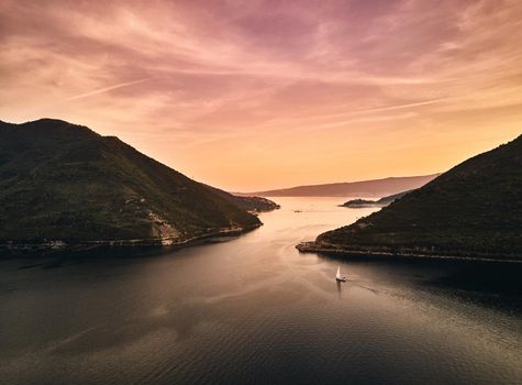 Montenegro. Sunset in the Bay of Kotor. The view from the top. Adriatic sea. Photography on drone.