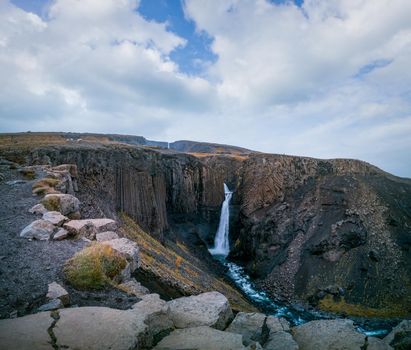 Iconic basaltic double waterfall in Iceland