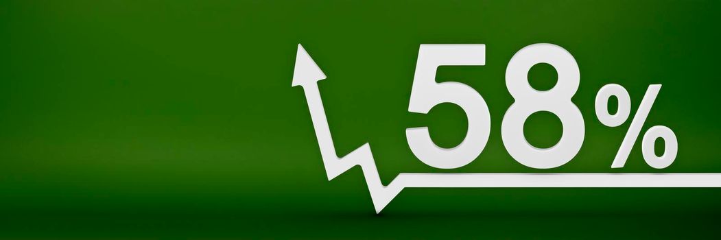 58 percent. The arrow on the graph points up. Rising prices, inflation, increase in income, increase in interest rates, taxes. 3d banner,fifty eight percent sign discount on a green background