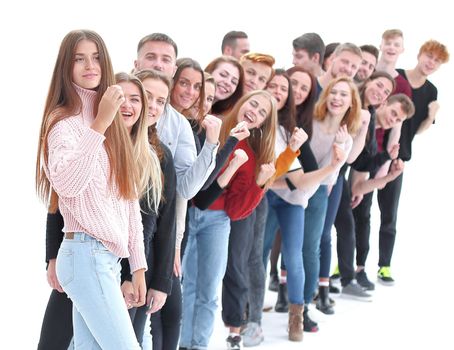 confident young woman standing in front of a column of young people . photo with copy-space