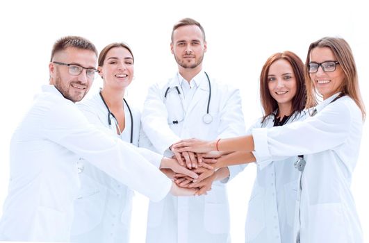 group of young doctors putting their palms together. concept of mutual aid.