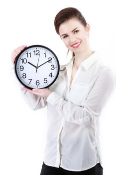 Smiling Business woman holding in hands clock, isolated on white background