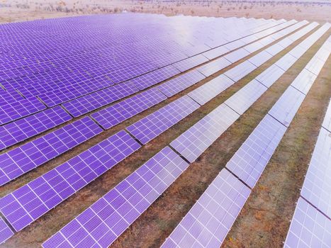 Aerial top view of a solar panels power plant. Photovoltaic solar panels at sunrise and sunset in countryside from above. Modern technology, climate care, earth saving, renewable energy concept