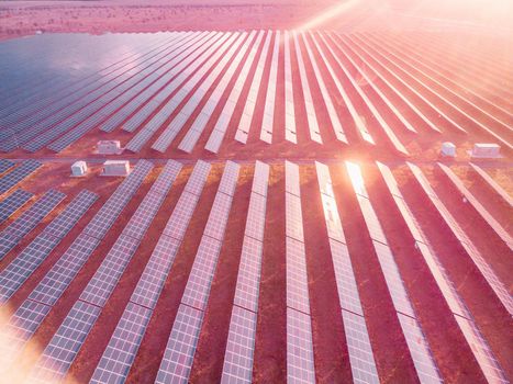 Aerial top view of a solar panels power plant. Photovoltaic solar panels at sunrise and sunset in countryside from above. Modern technology, climate care, earth saving, renewable energy concept