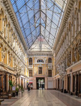 Odessa, Ukraine 06.05.2022. The interior of the courtyard of the hotel Passage in Odessa, Ukraine, on a sunny spring day