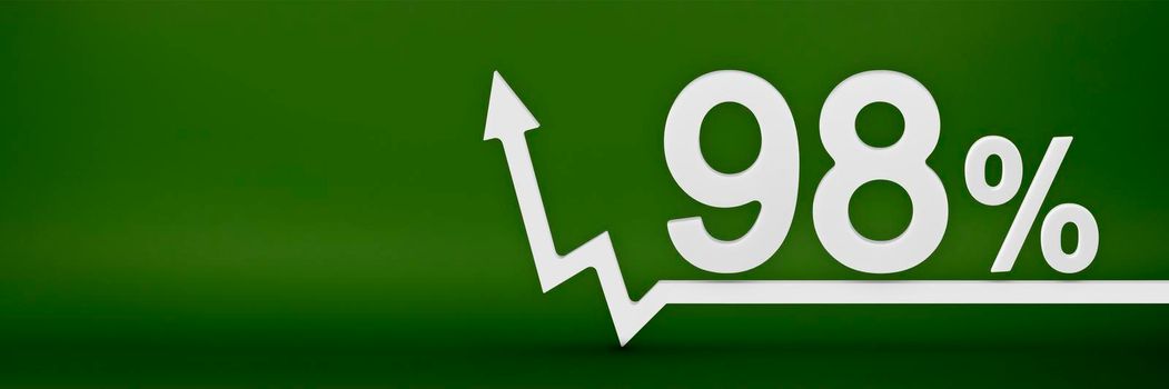 98 percent. The arrow on the graph points up. Rising prices, inflation, increase in income, increase in interest rates, taxes. 3d banner,ninety eight percent sign discount on a green background