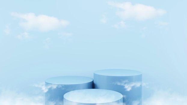 Blue podium 3D render mock up isolate montage photo with blue sky and soft clouds product display stand abstract background.