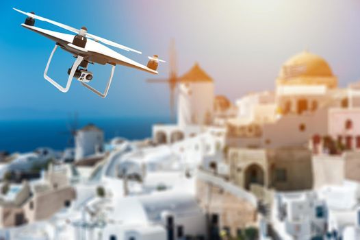 Drone with digital camera flying over a greek city: 3D rendering